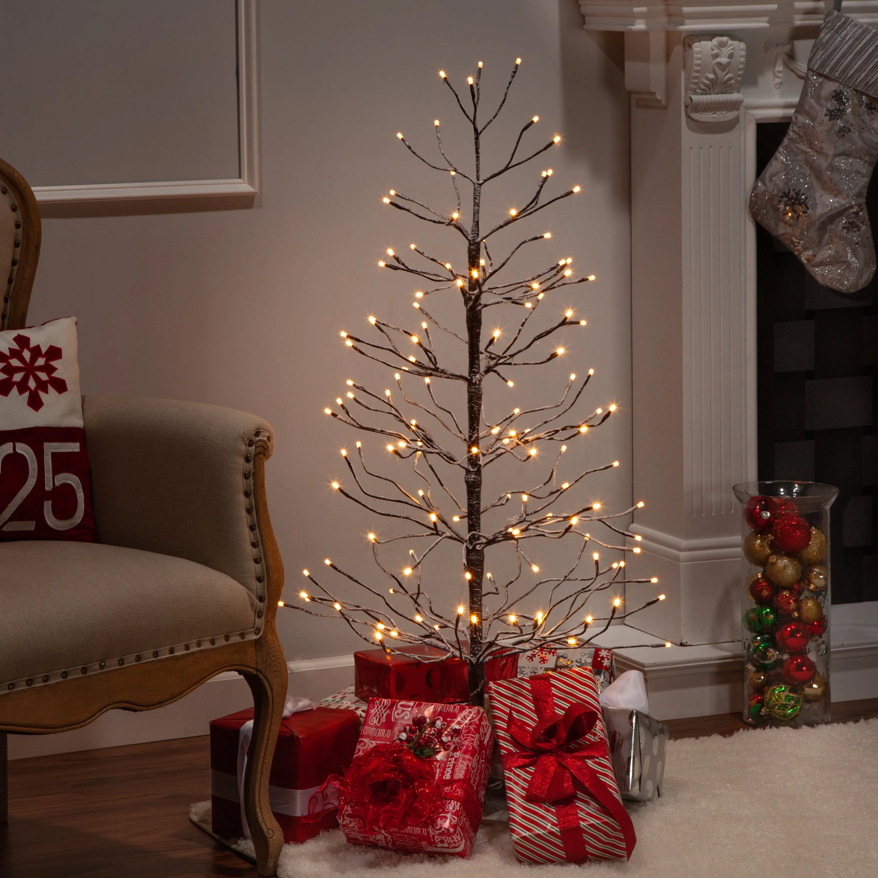 4 Foot Tall Snowy Brown Pre Lit Tree, 128 Warm White LEDs