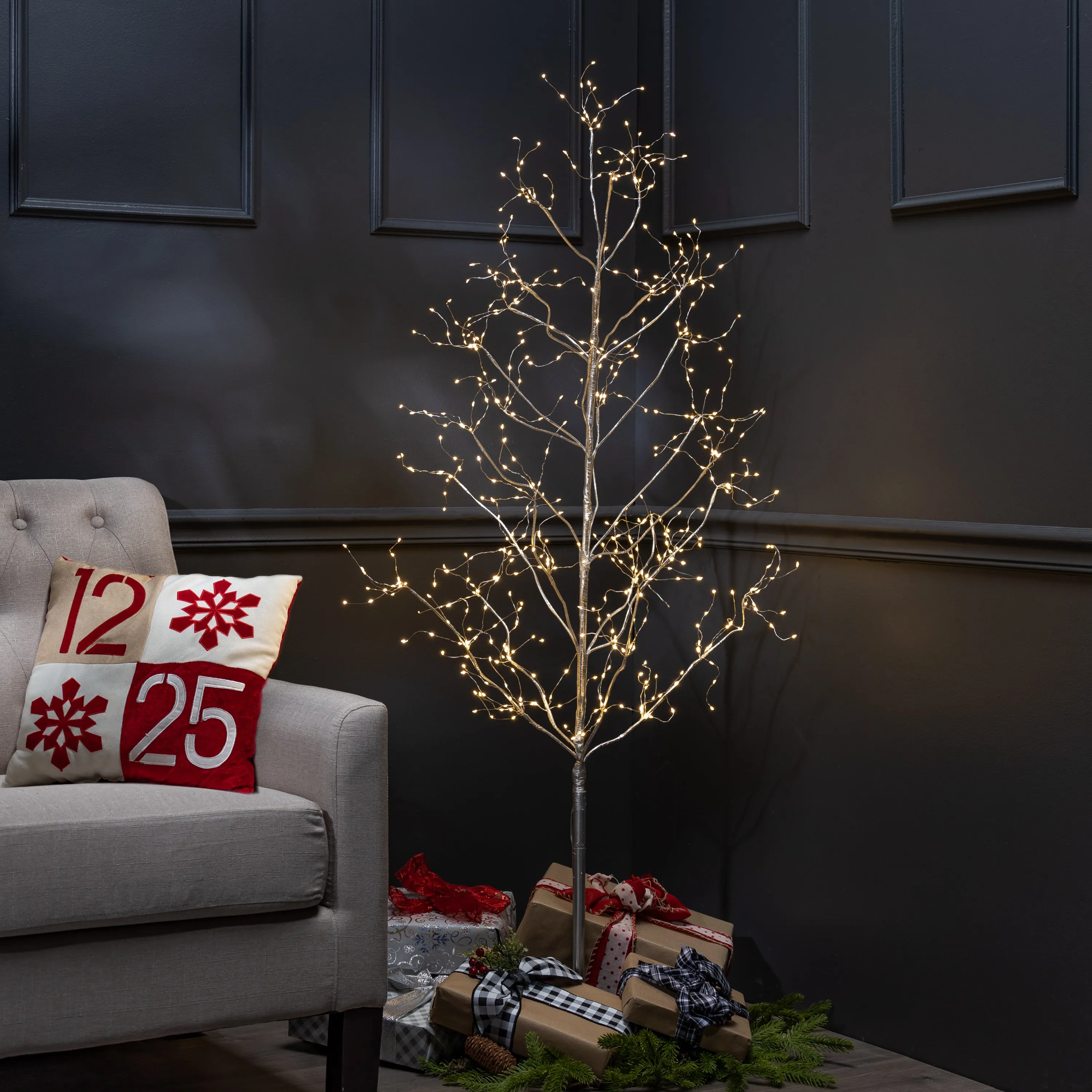 5 Foot Tall Silver Glowing Lighted Tree, Micro LEDs