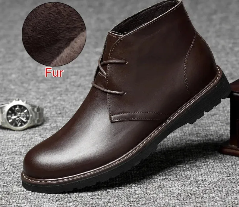 Autumn Winter Warm Fur Ankle Boots Business Genuine Leather Mens Boots Comfortable Soft Handmade Plus Size 48