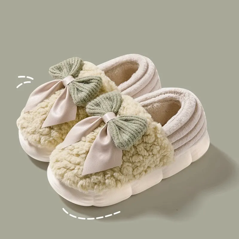 Big Bow-knot Fluffy Slippers Winter Warm Covered Heel Cotton Shoes Fashion Thick-soled Platform Slippers Indoor And Outdoor Garden Walking Shoes