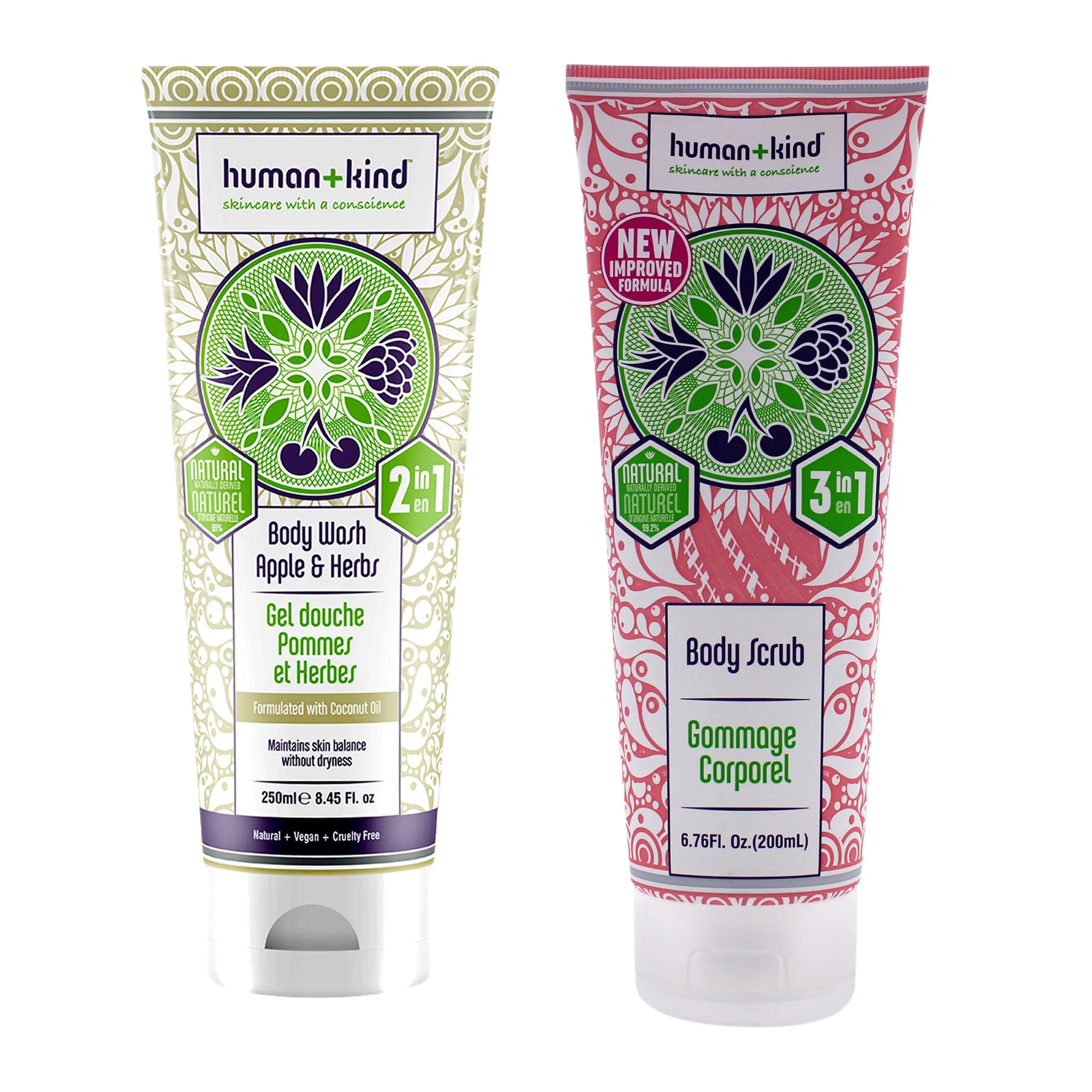 Body Wash and Body Scrub Kit by Human Kind for Unisex - 2 Pc Kit 8.45oz Body Wash - Apple and Herbs, 6.76oz Body Scrub