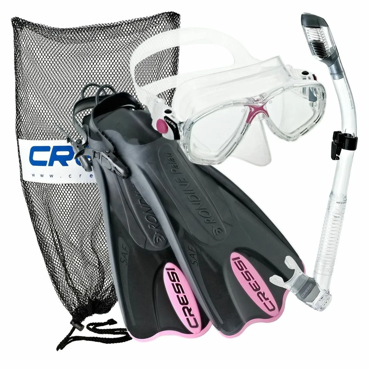 Cressi Palau Saf Open Heel Fins Marea Dive Mask Supernova Dry Snorkel and Net Bag Combo