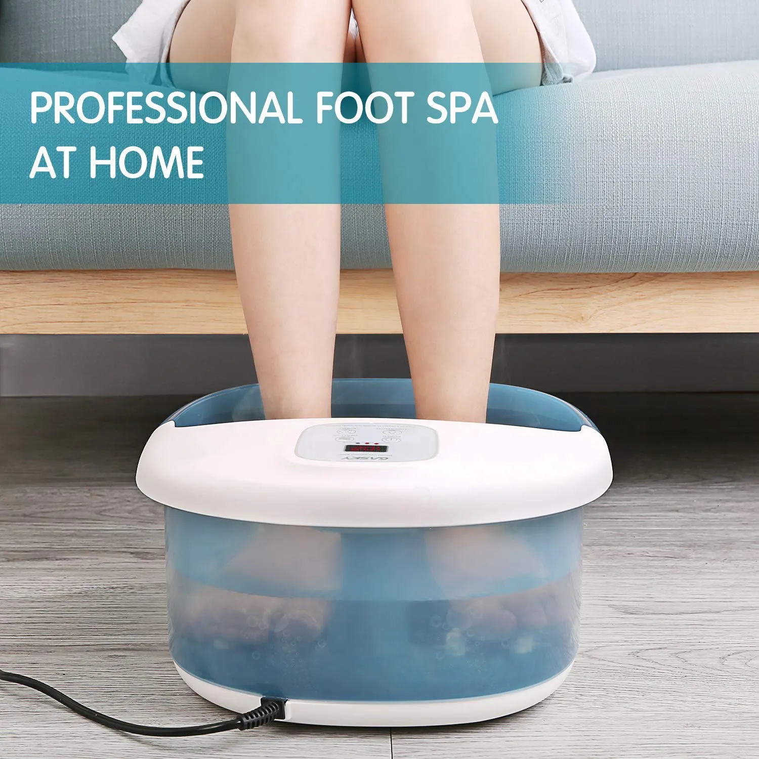 Foot Spa Bath Massager with Heat Bubbles Vibration, 14 Shiatsu Massaging Rollers to Relax Tired Feet, Adjustable Temperature Pedicure Tub for Home Office Use