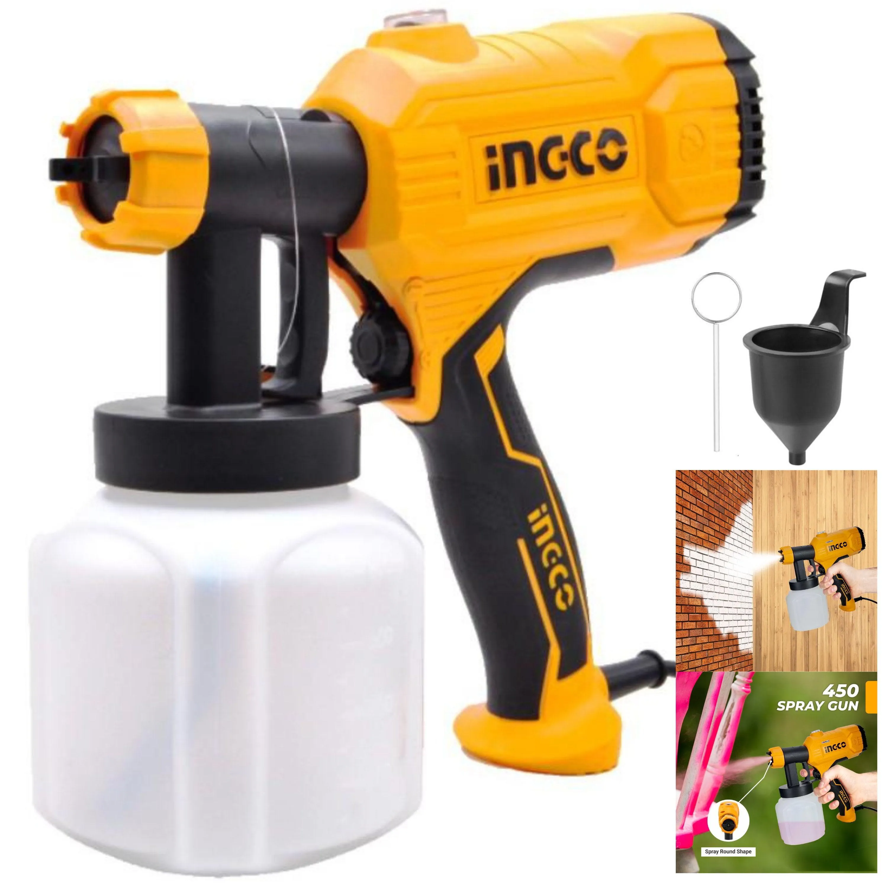 INGCO Paint Sprayer，800 ml Capacity, 450W, 1.5Mm Copper Nozzle,50Din-S, 380 Ml/Min SPG350