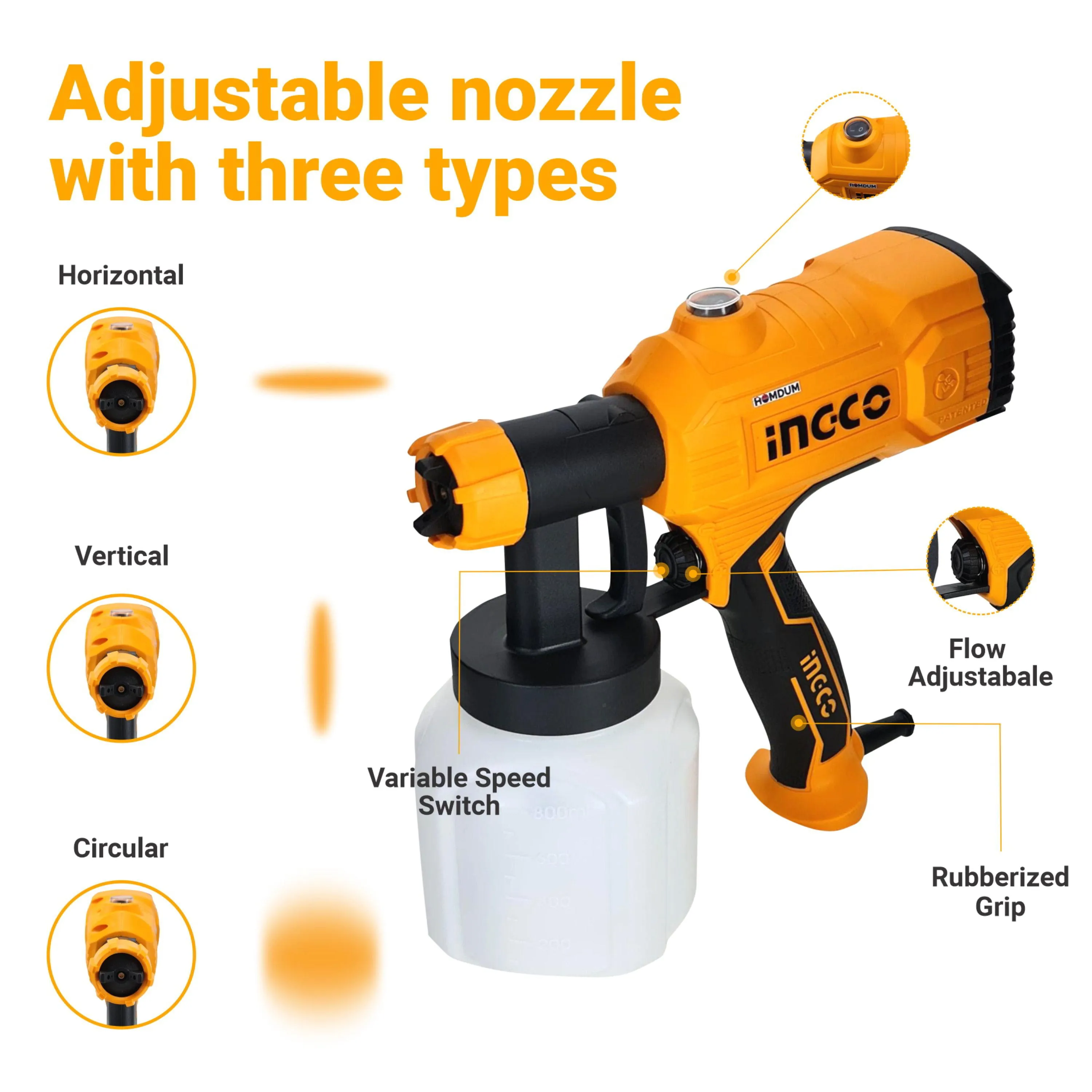 INGCO Paint Sprayer，800 ml Capacity, 450W, 1.5Mm Copper Nozzle,50Din-S, 380 Ml/Min SPG350