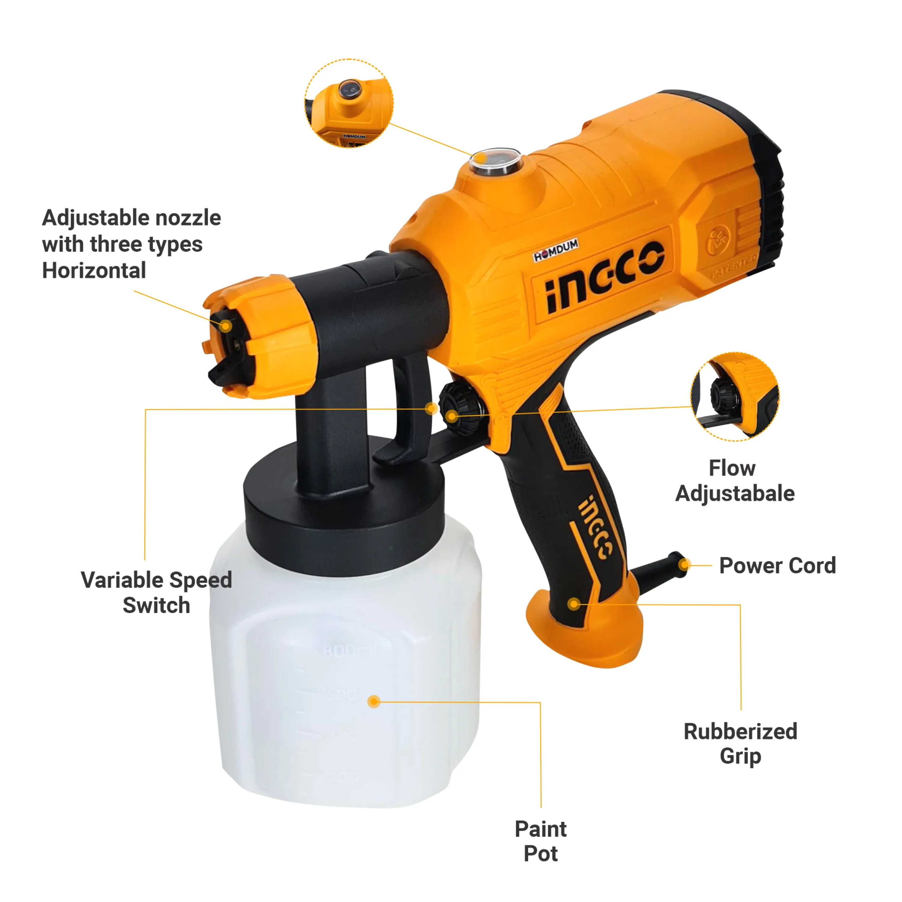 INGCO Paint Sprayer，800 ml Capacity, 450W, 1.5Mm Copper Nozzle,50Din-S, 380 Ml/Min SPG350