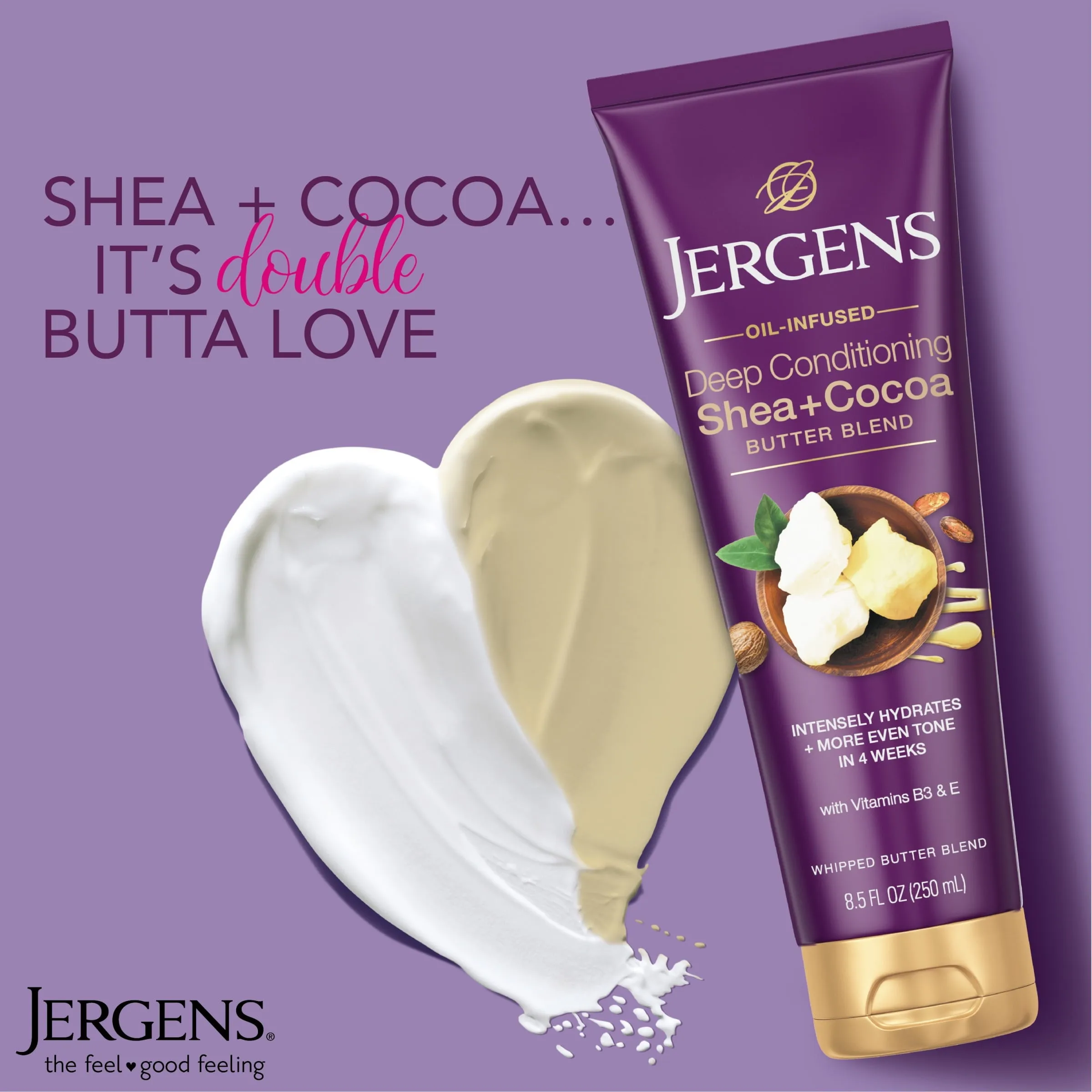 Jergens Hand and Body Lotion, Shea   Cocoa Butter Body Lotion for Dry Skin, Deep Conditioning Moisturizer, with Vitamins E & B3, 8.5 oz