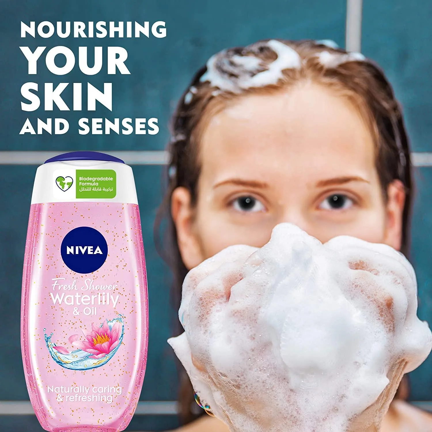 NIVEA Shower Gel Body Wash, Cleansing Waterlily & Oil with Caring Oil Pearls and Waterlily Scent, 250ml