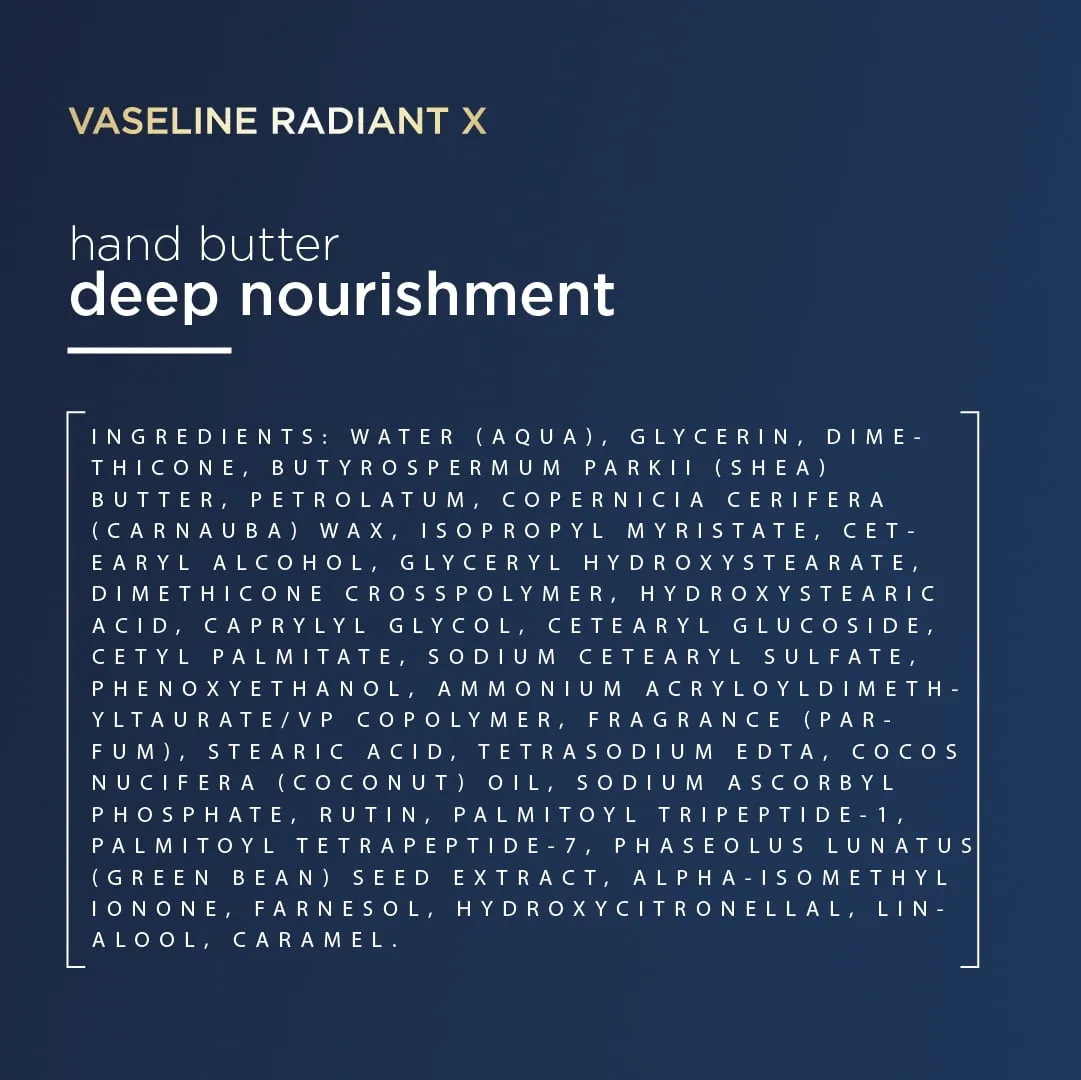 Vaseline Radiant X Deep Nourishment Hand Butter 100% Pure Shea Butter, with Coconut Oil, Vitamin C, & Peptides, 3.4 oz