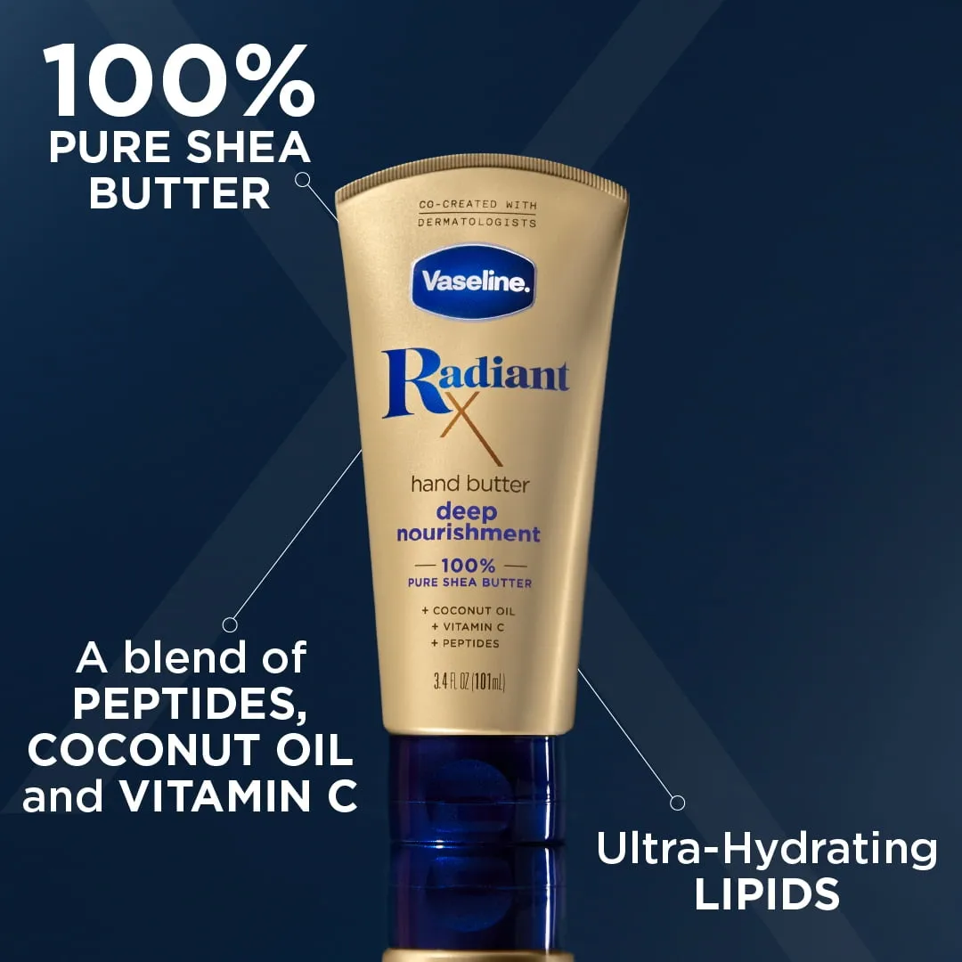 Vaseline Radiant X Deep Nourishment Hand Butter 100% Pure Shea Butter, with Coconut Oil, Vitamin C, & Peptides, 3.4 oz